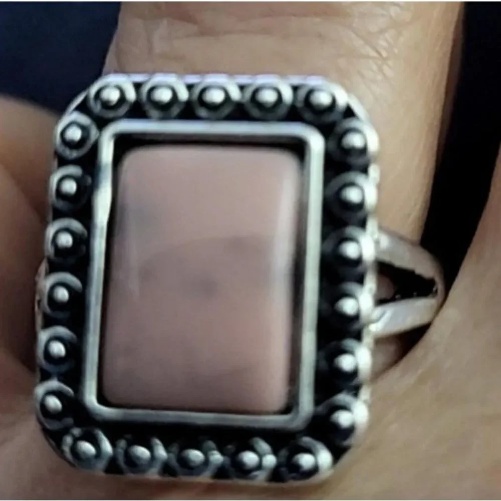 Vintage Square Pink Marble Resin Silver Ring sz 7